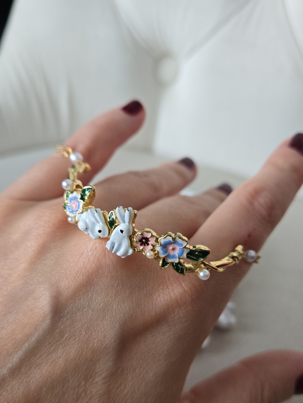 Delicate Gold Floral Rabbit Bracelet In White, Pink, Blue Enamel, NWT